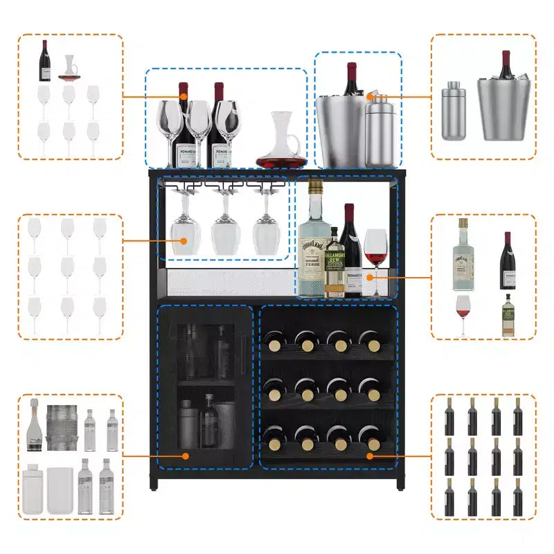 Meuble de bar à vin 3 niveaux avec casier à vin et espace de rangement, buffet avec porte-verres et porte grillagée, pour cuisine, salon et bar