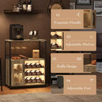 Meuble de bar à vin 3 niveaux avec casier à vin et espace de rangement, buffet avec porte-verres et porte grillagée, pour cuisine, salon et bar