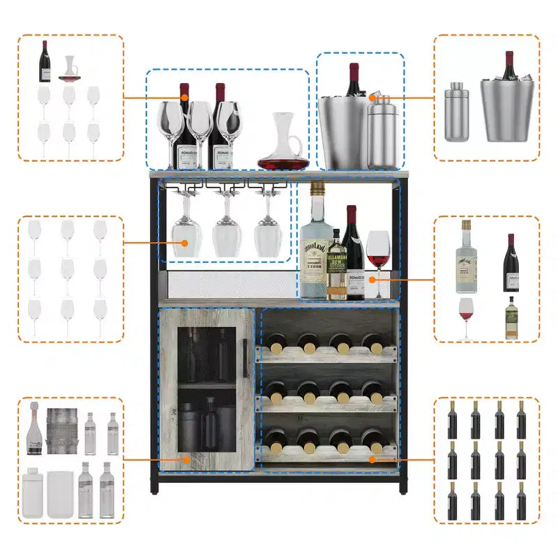Meuble de bar à vin 3 niveaux avec casier à vin et espace de rangement, buffet avec porte-verres et porte grillagée, pour cuisine, salon et bar