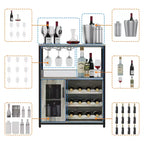 Meuble de bar à vin 3 niveaux avec casier à vin et espace de rangement, buffet avec porte-verres et porte grillagée, pour cuisine, salon et bar