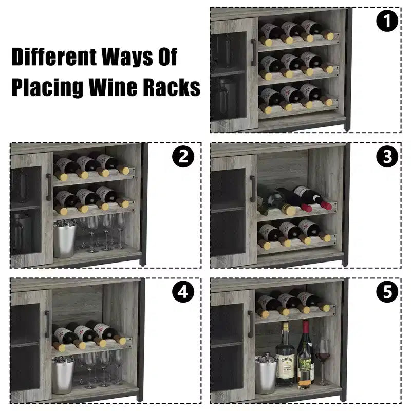 Meuble de bar à vin 3 niveaux avec casier à vin et espace de rangement, buffet avec porte-verres et porte grillagée, pour cuisine, salon et bar