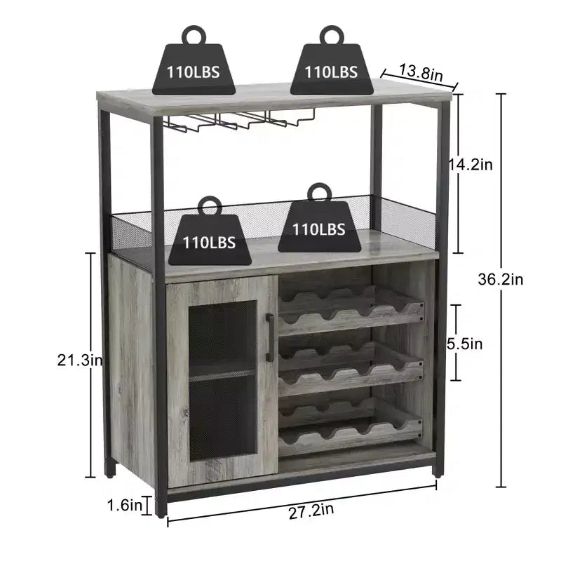 Meuble de bar à vin 3 niveaux avec casier à vin et espace de rangement, buffet avec porte-verres et porte grillagée, pour cuisine, salon et bar