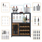 Meuble de bar à vin 3 niveaux avec casier à vin et espace de rangement, buffet avec porte-verres et porte grillagée, pour cuisine, salon et bar