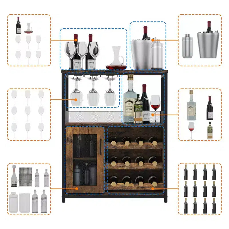 Meuble de bar à vin 3 niveaux avec casier à vin et espace de rangement, buffet avec porte-verres et porte grillagée, pour cuisine, salon et bar