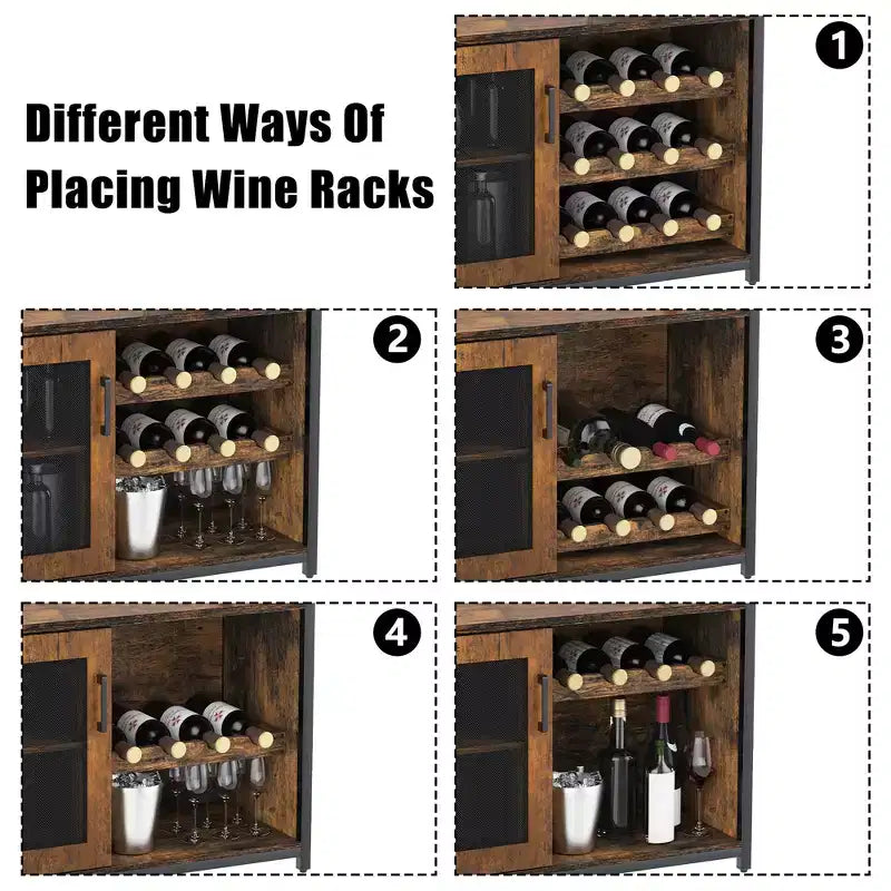 Meuble de bar à vin 3 niveaux avec casier à vin et espace de rangement, buffet avec porte-verres et porte grillagée, pour cuisine, salon et bar