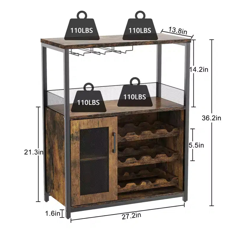 Meuble de bar à vin 3 niveaux avec casier à vin et espace de rangement, buffet avec porte-verres et porte grillagée, pour cuisine, salon et bar