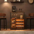 Meuble de bar à vin 3 niveaux avec casier à vin et espace de rangement, buffet avec porte-verres et porte grillagée, pour cuisine, salon et bar