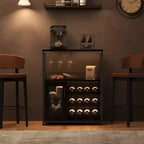 Meuble de bar à vin 3 niveaux avec casier à vin et espace de rangement, buffet avec porte-verres et porte grillagée, pour cuisine, salon et bar