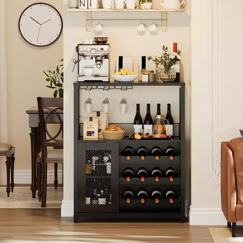 Meuble de bar à vin 3 niveaux avec casier à vin et espace de rangement, buffet avec porte-verres et porte grillagée, pour cuisine, salon et bar
