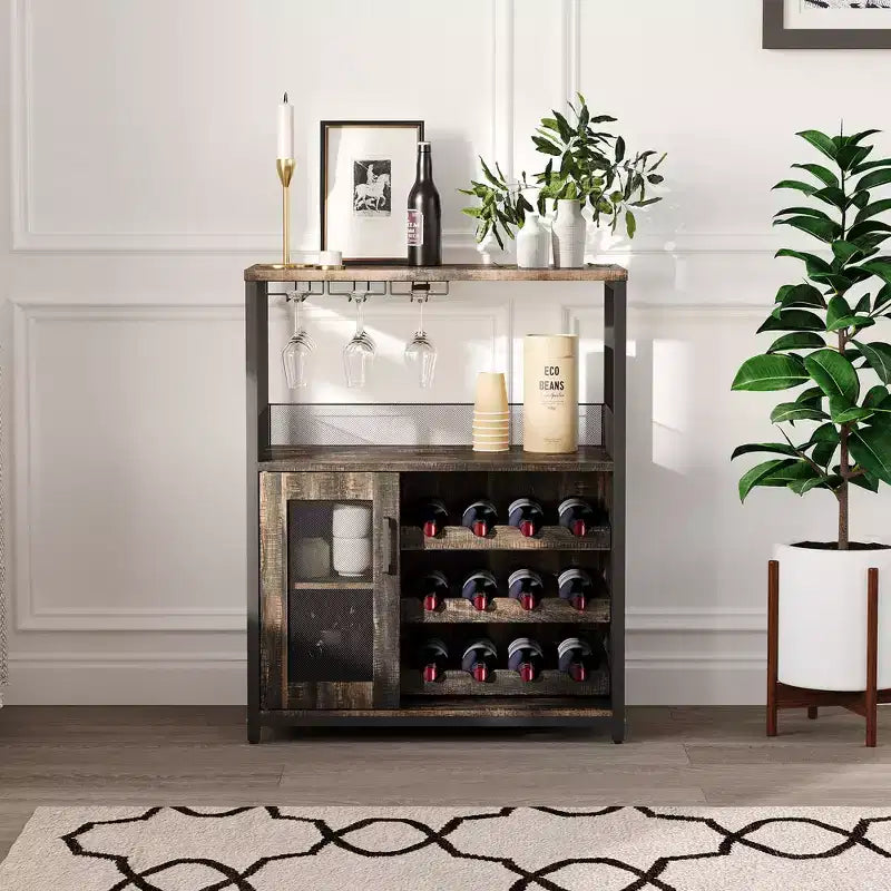 Meuble de bar à vin 3 niveaux avec casier à vin et espace de rangement, buffet avec porte-verres et porte grillagée, pour cuisine, salon et bar