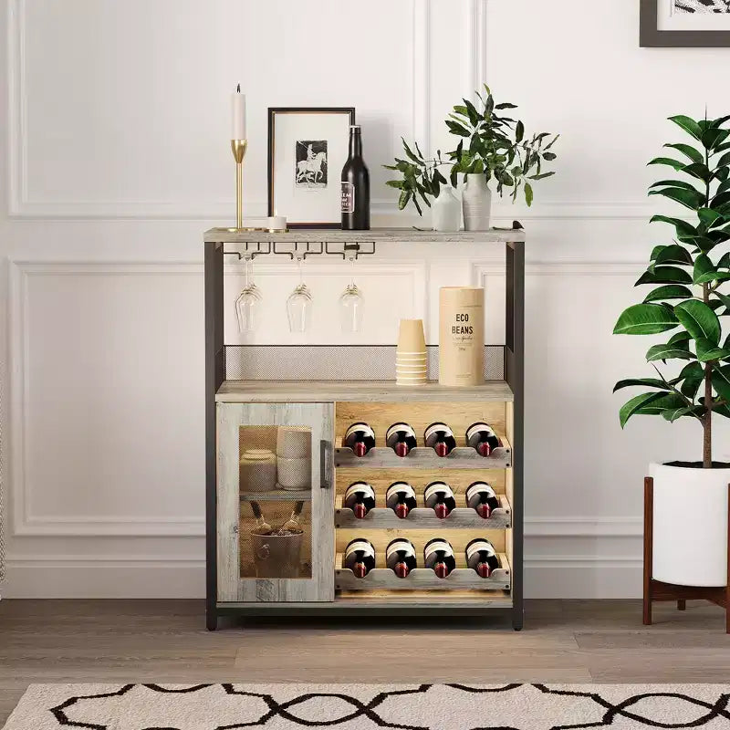 Meuble de bar à vin 3 niveaux avec casier à vin et espace de rangement, buffet avec porte-verres et porte grillagée, pour cuisine, salon et bar