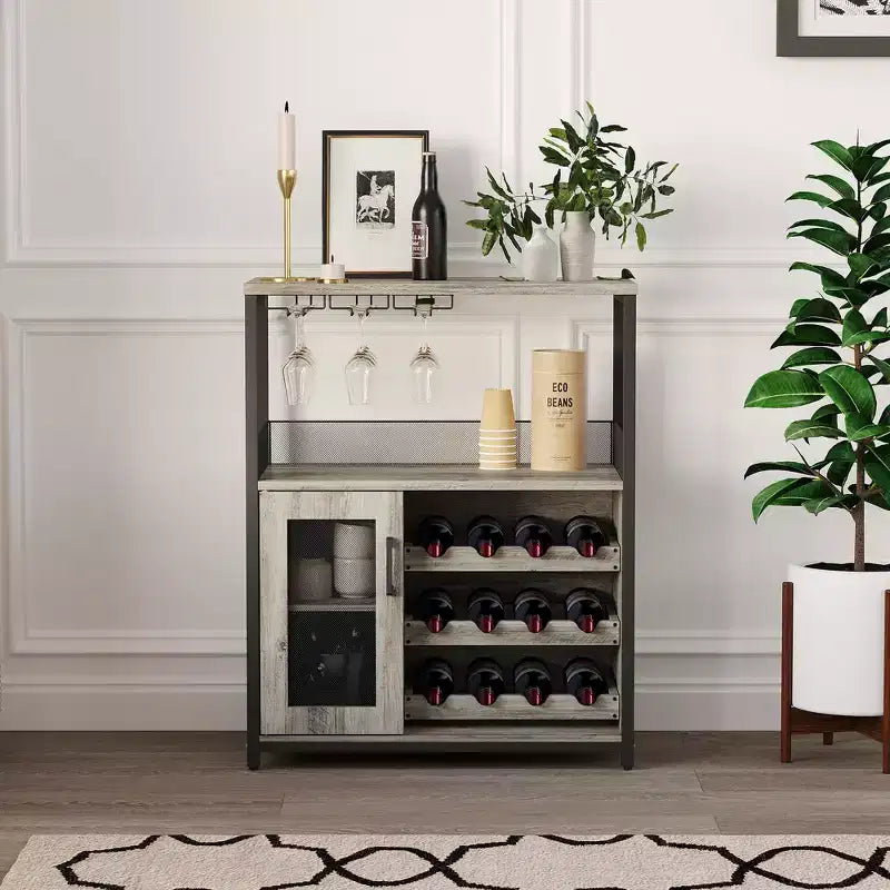 Meuble de bar à vin 3 niveaux avec casier à vin et espace de rangement, buffet avec porte-verres et porte grillagée, pour cuisine, salon et bar