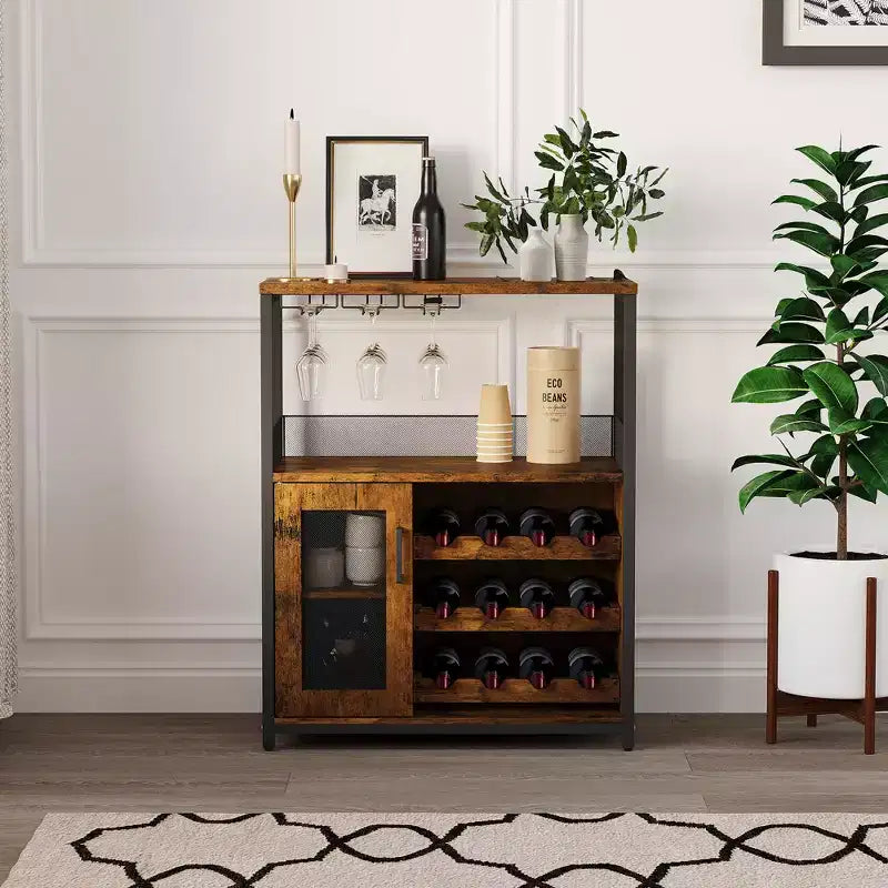 Meuble de bar à vin 3 niveaux avec casier à vin et espace de rangement, buffet avec porte-verres et porte grillagée, pour cuisine, salon et bar