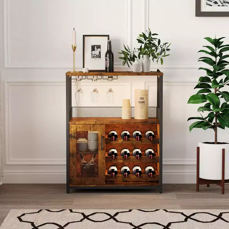 Meuble de bar à vin 3 niveaux avec casier à vin et espace de rangement, buffet avec porte-verres et porte grillagée, pour cuisine, salon et bar