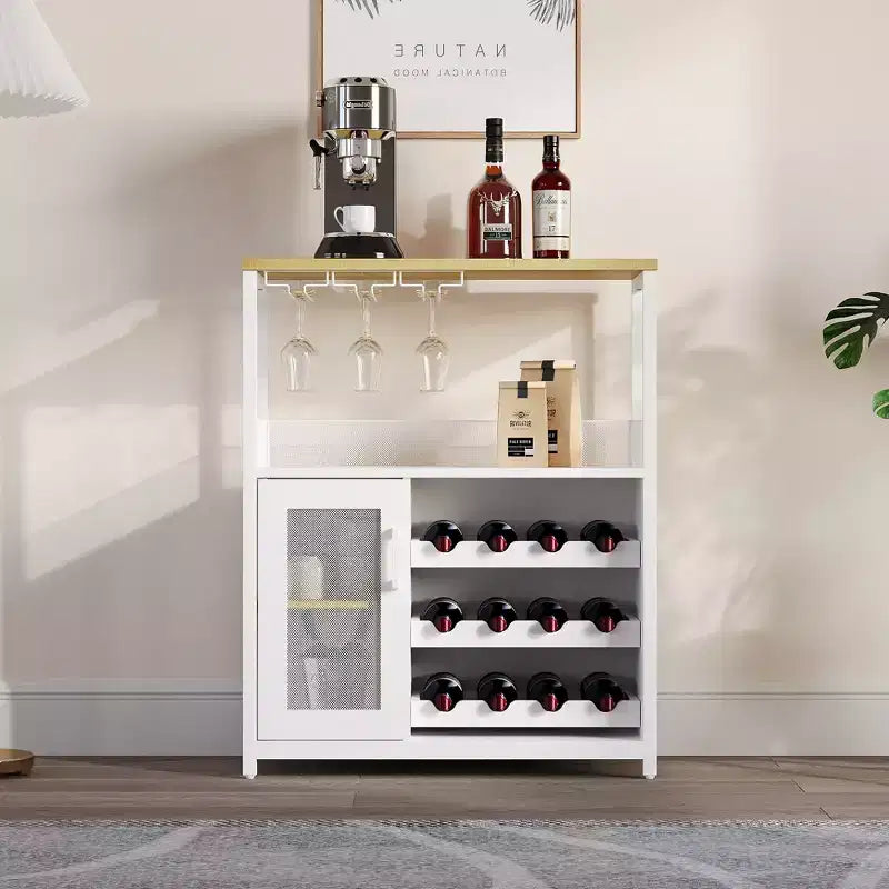 Meuble de bar à vin 3 niveaux avec casier à vin et espace de rangement, buffet avec porte-verres et porte grillagée, pour cuisine, salon et bar