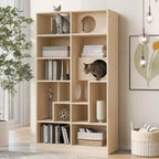 Étagère moderne avec litière pour chat, vitrine avec arbre à chat, bibliothèque 2-en-1 pour salon, chambre à coucher, naturel
