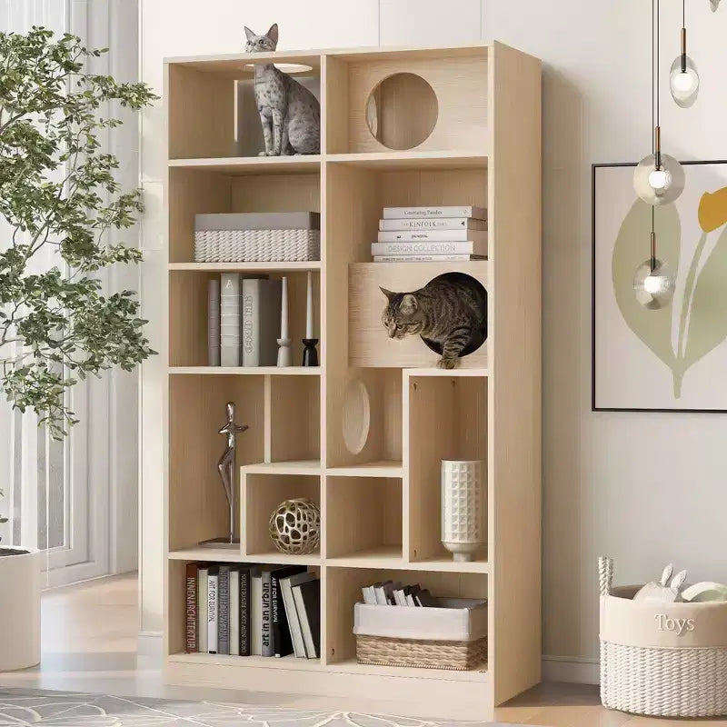 Étagère moderne avec litière pour chat, vitrine avec arbre à chat, bibliothèque 2-en-1 pour salon, chambre à coucher, naturel