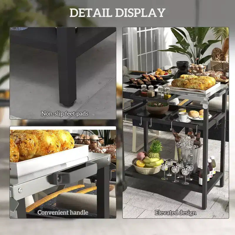 Desserte de bar îlot de cuisine extérieur avec plateau en acier inoxydable et rangement pour patio, noir, 48"x24.4"x33.1"