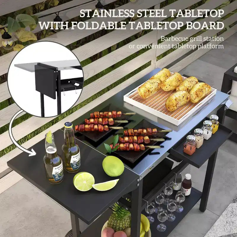 Desserte de bar îlot de cuisine extérieur avec plateau en acier inoxydable et rangement pour patio, noir, 48"x24.4"x33.1"