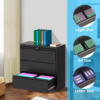 Meuble de classement latéral à 3 tiroirs avec serrure, organisateur de rangement en métal pour dossiers format lettre/légal/A4, armoire de bureau noire peu encombrante