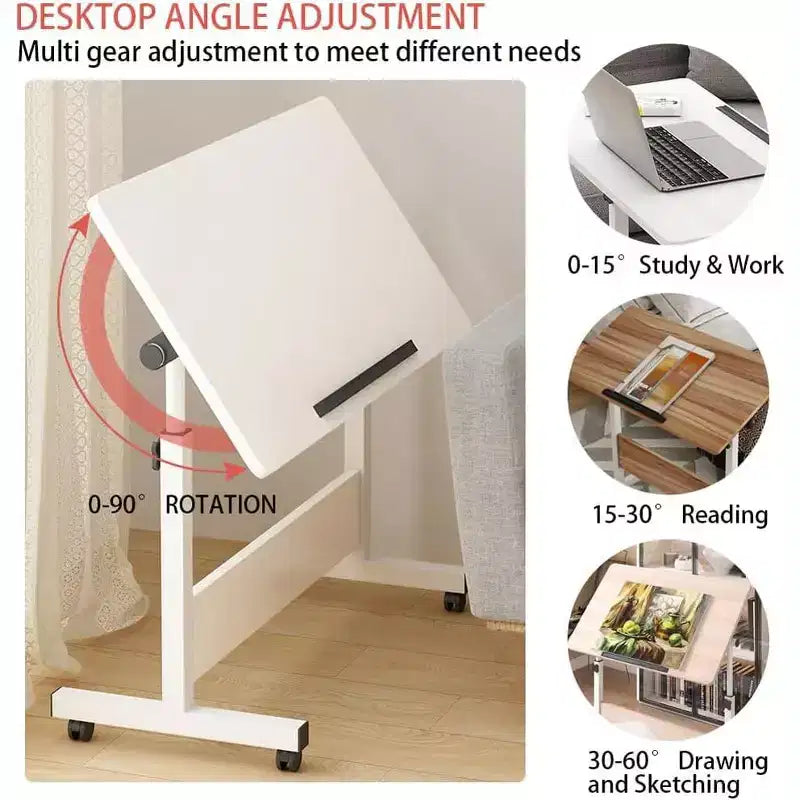 Bureau pliable mobile, bureau portable réglable en hauteur de 66 à 86 cm, poste de travail informatique roulant avec roulettes verrouillables pour bureau à domicile