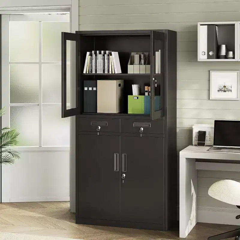 Acekool 71 Storage Cabinet with Glass Doors, Adjustable Shelves and Lockable Drawers, Vertical Metal Organizer for Home Office, Garage, Utility Room