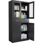 Armoire de rangement verticale de 180 cm avec portes vitrées, étagères réglables et tiroirs verrouillables, organiseur métallique pour le bureau, le garage, la buanderie