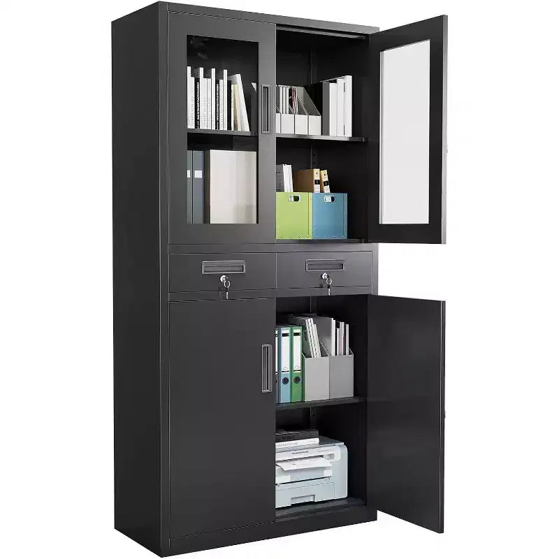Armoire de rangement verticale de 180 cm avec portes vitrées, étagères réglables et tiroirs verrouillables, organiseur métallique pour le bureau, le garage, la buanderie