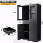 Armoire de rangement verticale de 180 cm avec portes vitrées, étagères réglables et tiroirs verrouillables, organiseur métallique pour le bureau, le garage, la buanderie