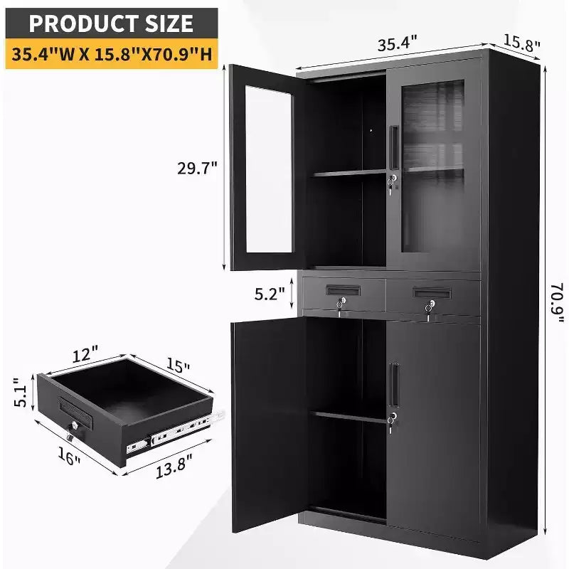 Armoire de rangement verticale de 180 cm avec portes vitrées, étagères réglables et tiroirs verrouillables, organiseur métallique pour le bureau, le garage, la buanderie
