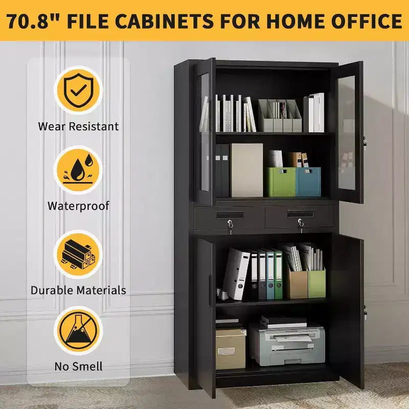 Armoire de rangement verticale de 180 cm avec portes vitrées, étagères réglables et tiroirs verrouillables, organiseur métallique pour le bureau, le garage, la buanderie