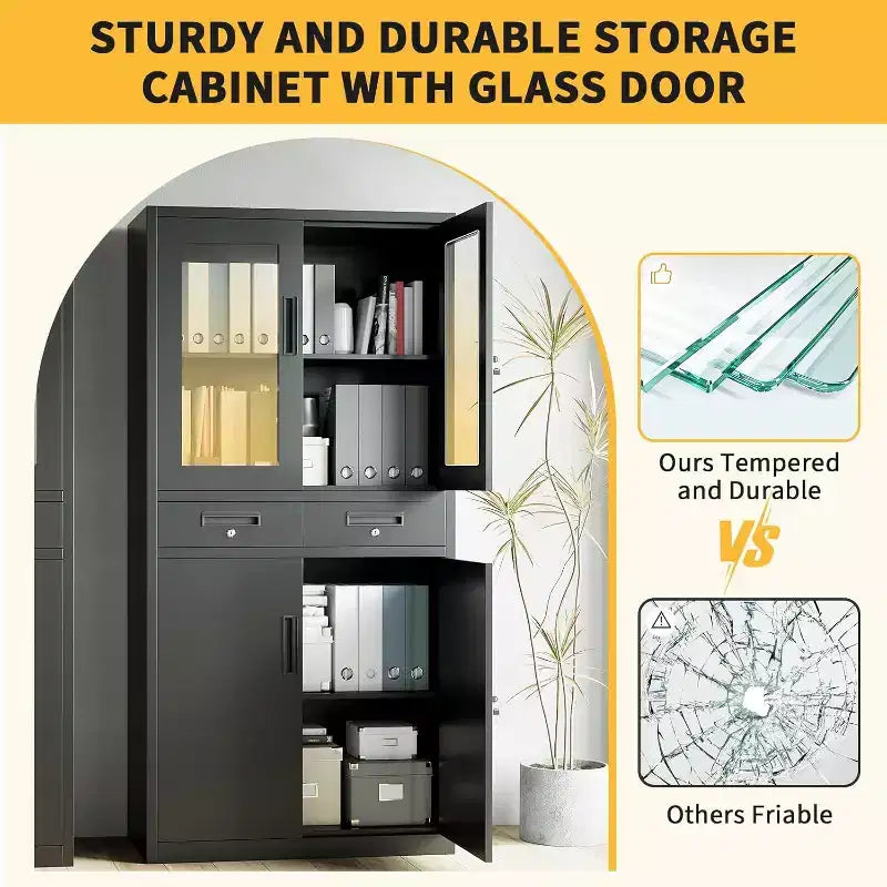 Armoire de rangement verticale de 180 cm avec portes vitrées, étagères réglables et tiroirs verrouillables, organiseur métallique pour le bureau, le garage, la buanderie