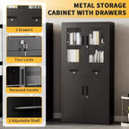 Armoire de rangement verticale de 180 cm avec portes vitrées, étagères réglables et tiroirs verrouillables, organiseur métallique pour le bureau, le garage, la buanderie