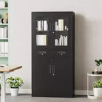 Armoire de rangement verticale de 180 cm avec portes vitrées, étagères réglables et tiroirs verrouillables, organiseur métallique pour le bureau, le garage, la buanderie