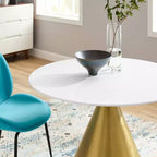 Table à manger ronde en bois 40", piédestal doré, plateau en MDF blanc