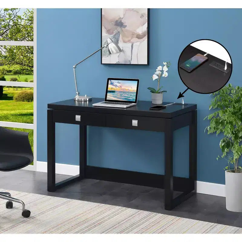 Bureau Newport 2 tiroirs avec station de recharge, expresso/noir : poste de travail pour bureau à domicile, construction en MDF