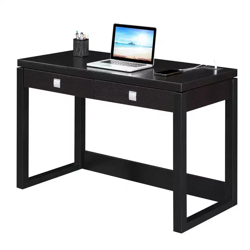 Bureau Newport 2 tiroirs avec station de recharge, expresso/noir : poste de travail pour bureau à domicile, construction en MDF