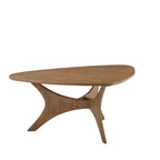 Table basse triangulaire en bois marron clair : style moderne du milieu du siècle, finition orme, piètement croisé unique