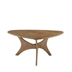 Table basse triangulaire en bois marron clair : style moderne du milieu du siècle, finition orme, piètement croisé unique