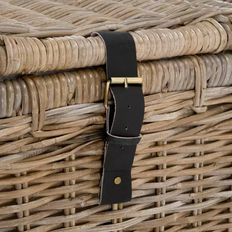 Coffre de rangement en osier de 35 po avec sangle en cuir décorative