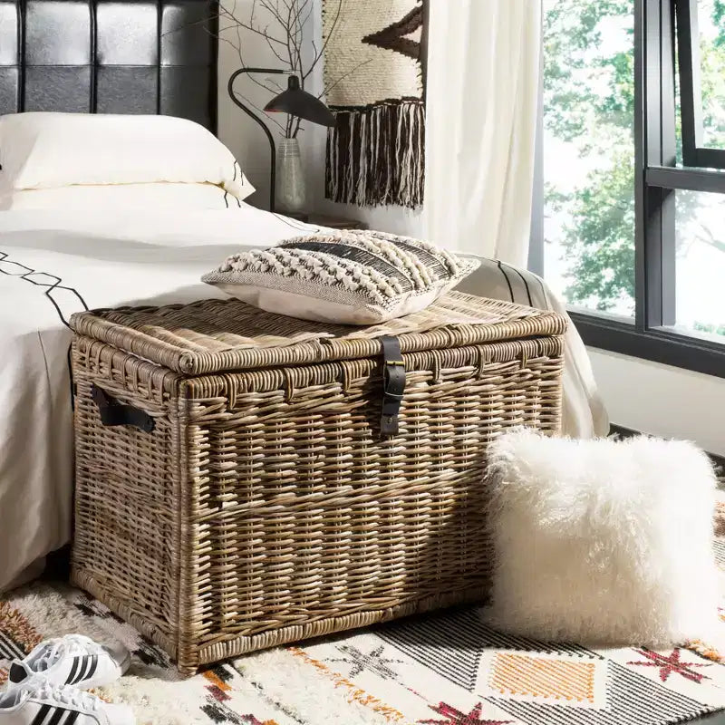 Coffre de rangement en osier de 35 po avec sangle en cuir décorative