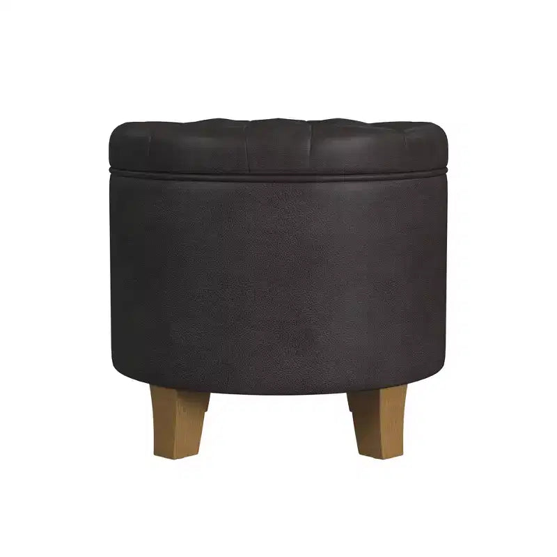 Pouf de rangement rond, similicuir capitonné, brun foncé