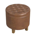 Pouf de rangement rond, similicuir capitonné, brun foncé