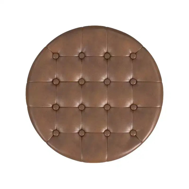 Pouf de rangement rond, similicuir capitonné, brun foncé