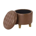 Pouf de rangement rond, similicuir capitonné, brun foncé