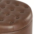 Pouf de rangement rond, similicuir capitonné, brun foncé