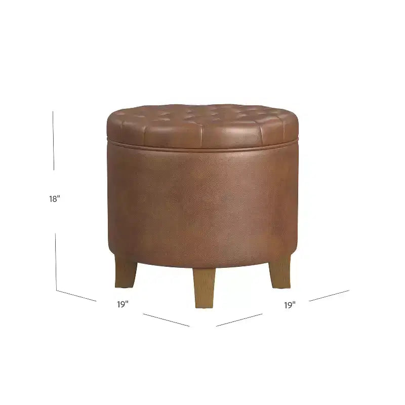 Pouf de rangement rond, similicuir capitonné, brun foncé