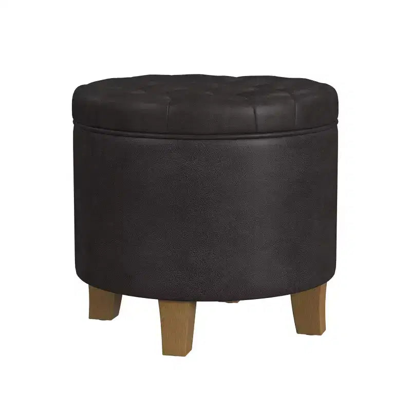 Pouf de rangement rond, similicuir capitonné, brun foncé