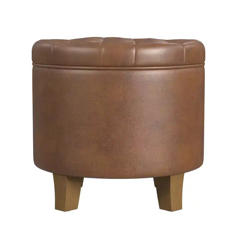 Pouf de rangement rond, similicuir capitonné, brun foncé