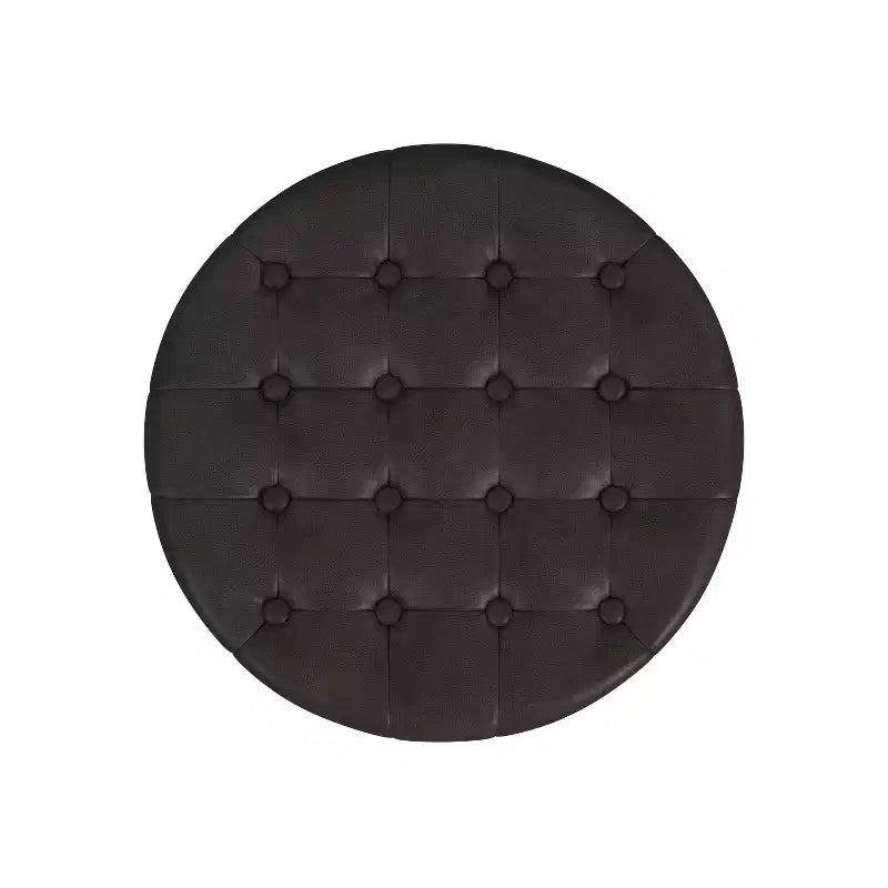 Pouf de rangement rond, similicuir capitonné, brun foncé
